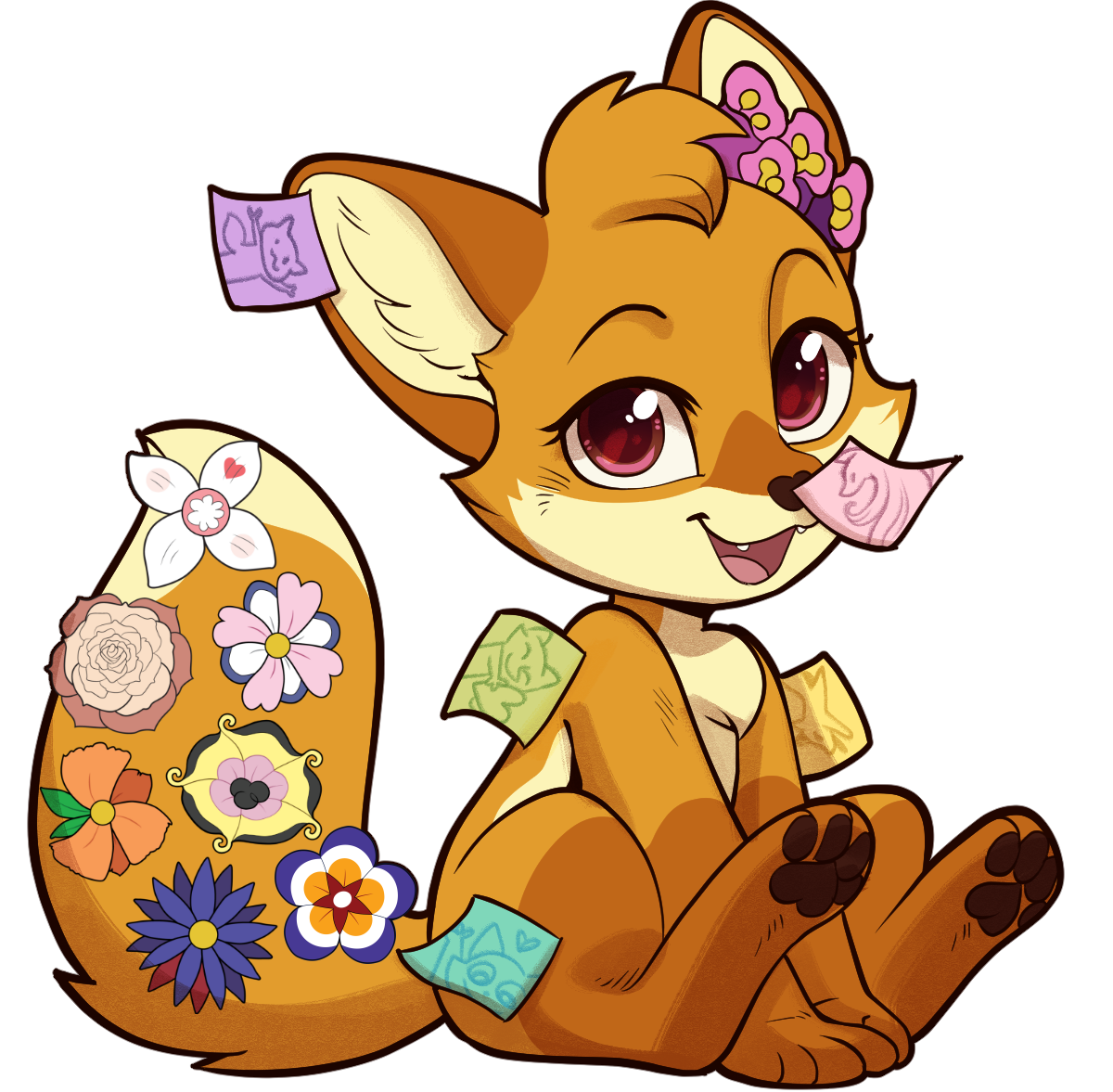 Illustration showing an orange and cream colored chibi fox character with foxglove flowers on her head and multiple fictional flowers on her tail, sitting down with her hands at her knees, covered in sticky notes with doodles on them.
