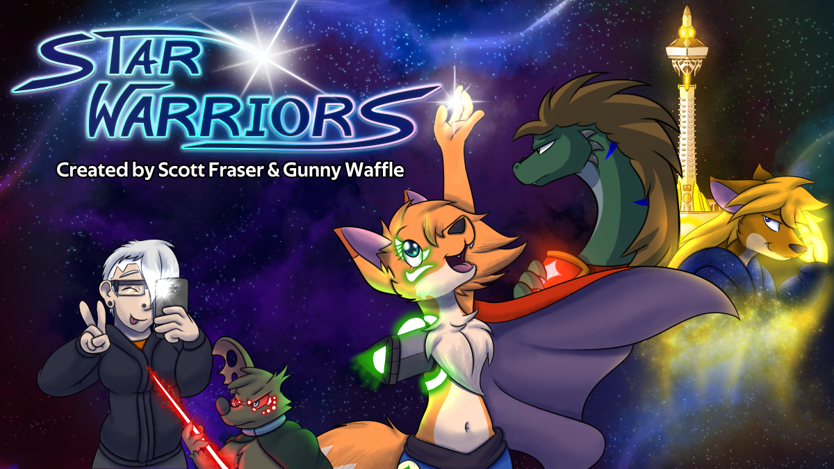 Showing a white-haired human, a small red-eyed black rat, a one-armed orange fox with holding a star, a green reptile, a yellow haired fox. Background: galaxy of stars and a tall tower. Words: "Star Warriors. Created by Scott Fraser & Gunny Waffle