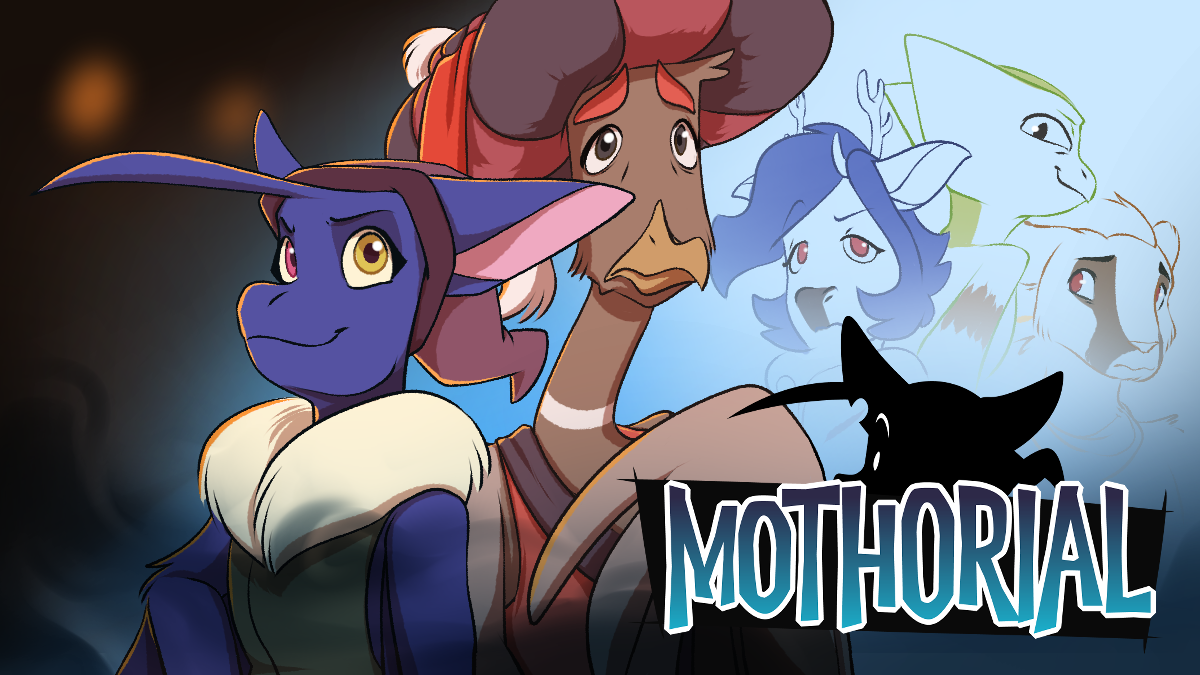 Illustration showing 2 characters in the front; a blue/purple fruit bat and a brown goose-pheasant, with some artwork of other characters in the background on the right. Overlay is of a Logo that reads "Mothorial" that is white and blue on black.
