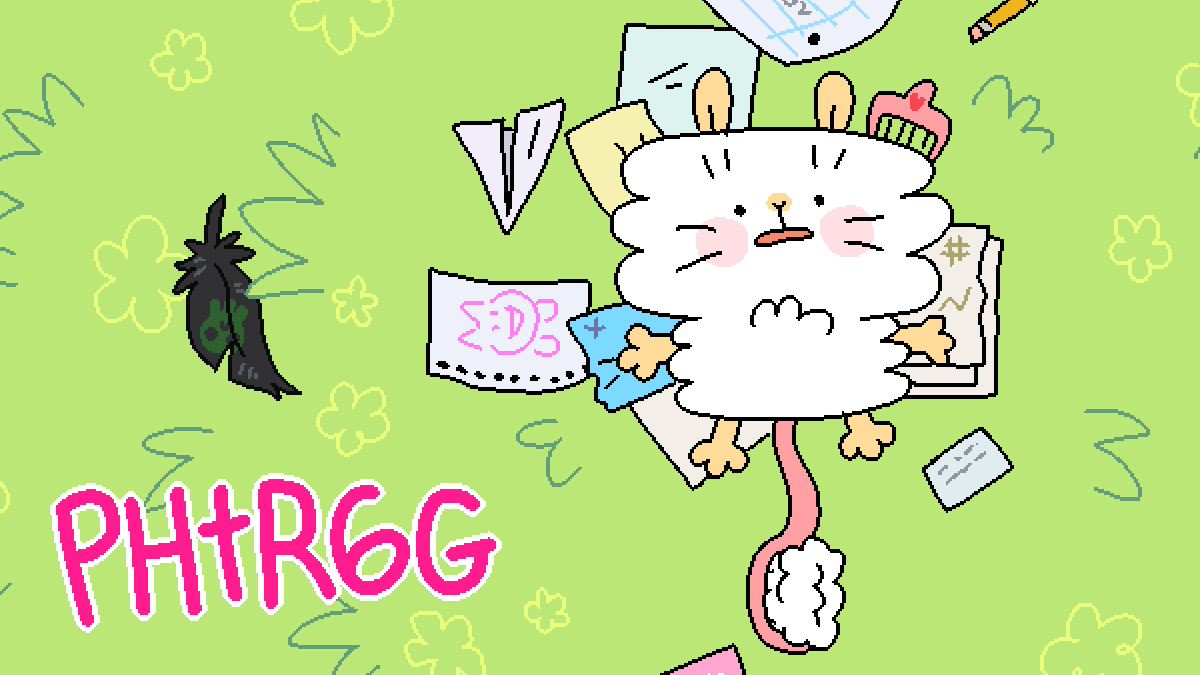 Illustration that has a grassy field with yellow flowers and a dark feather. A white cat with a brush for a tail and a comb in her hair lies on her back on top of school supplies looking overwhelmed. Reads "PHtR6G": Preeny Has to Repeat 6th Grade.
