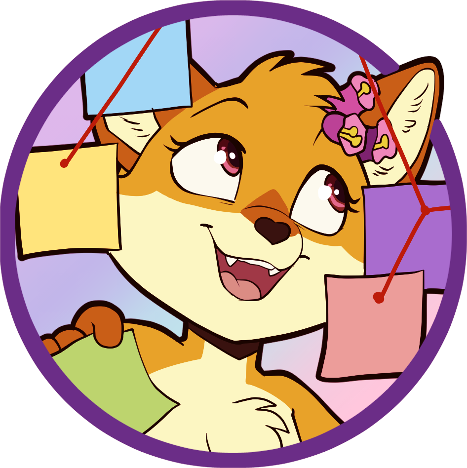 A circular icon that shows an orange & cream coloured fox with foxglove flowers on her head, smiling and looking to the right, holding a green sticky note, about to place it alongside some other sticky notes that have red string between them.