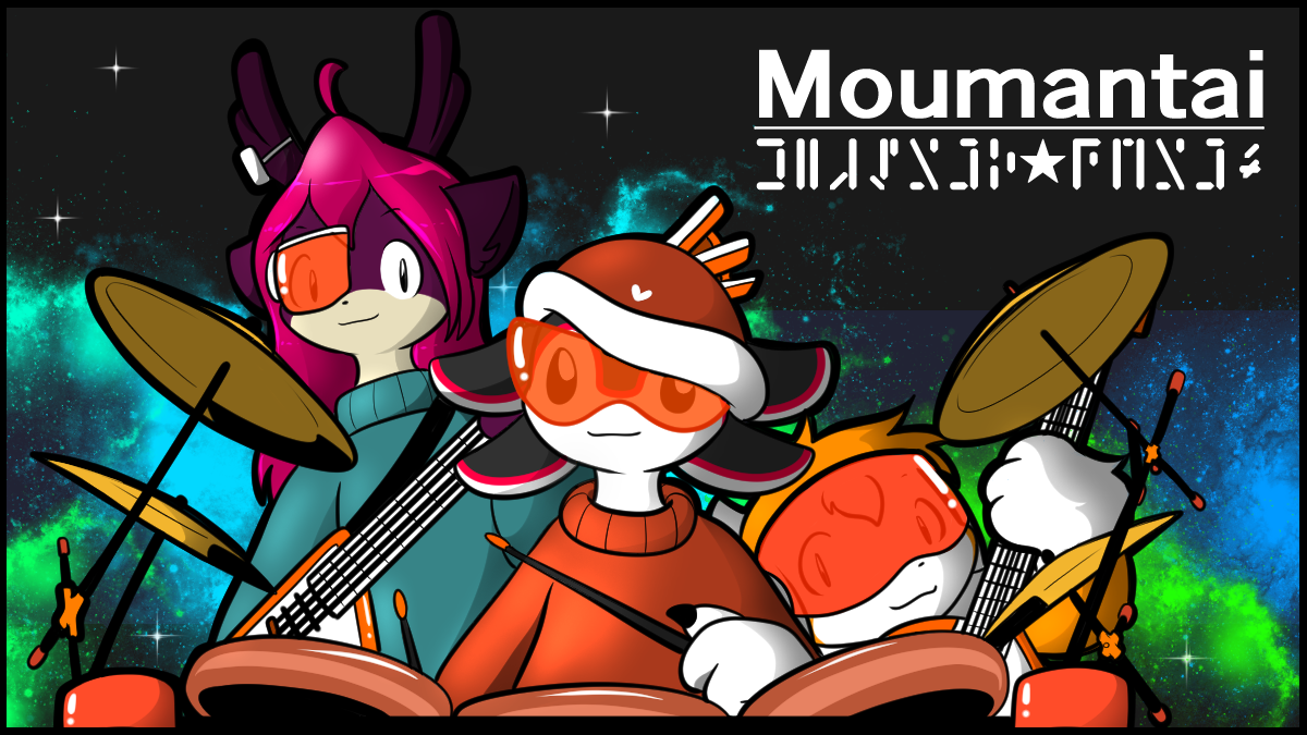 3 characters. A white, black and red Avali, playing the drums. On the left is a tall purple deer playing the bass. On the right is a short orange vampire bunny playing the guitar. Background is a starfield. "Moumantai Mother­f(star symbol)ckers"