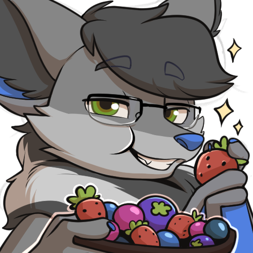 Illustration showing Gunny's fursona, a gray colored fluffy bat with blue skin wearing glasses, eating berries from a bowl and looking smug. There are sparkles around him.