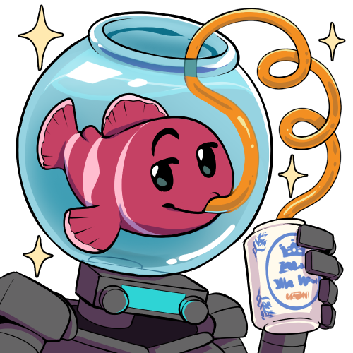 Illustration showing Bheckadee's persona, a red colored fish with white stripes in a spherical fish bowl with a robot body, sipping milk tea through a crazy straw and looking smug. There are sparkles around her.