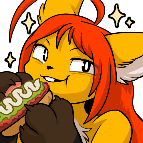 Illustration showing Vic's fursona, a large yellow colored bunny with long orange hair and brown hands, eating a completo italiano hotdog and looking smug. There are sparkles around him.