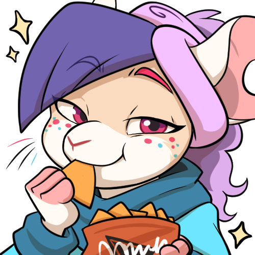 Illustration showing Izzy's fursona, a white and cream colored mouse with purple and pink hair wearing a blue sweater, eating doritos and looking smug. There are sparkles around her.