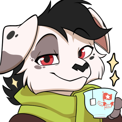Illustration showing Ari's fursona, a dalmatian with black hair wearing a green scarf, sipping tea from a fancy tea cup and looking smug. There are sparkles around him.