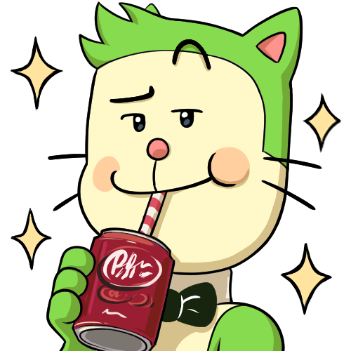 Illustration showing Momo's fursona, a green and cream colored cat wearing a black bow-tie, sipping Dr Pepper through a classic red and white striped straw and looking smug. There are sparkles around her.