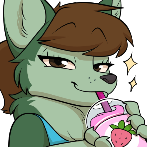 Illustration showing NeonNoble's fursona, a green colored dog with brown hair and a blue top, sipping a smoothie and looking smug. There are sparkles around her.