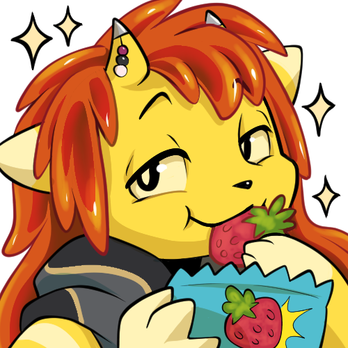 Illustration showing Russet's fursona, a yellow colored Sleriki (an alien slime race from the MMF comic) with orange hair wearing a gray scarf, eating gummy strawberries and looking smug. There are sparkles around him.