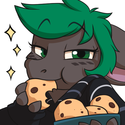 Illustration showing Scott's fursona, a gray colored dragon with large ears and green hair wearing a striped dark gray hoodie, eating chocolate chip cookies and looking smug. There are sparkles around her.