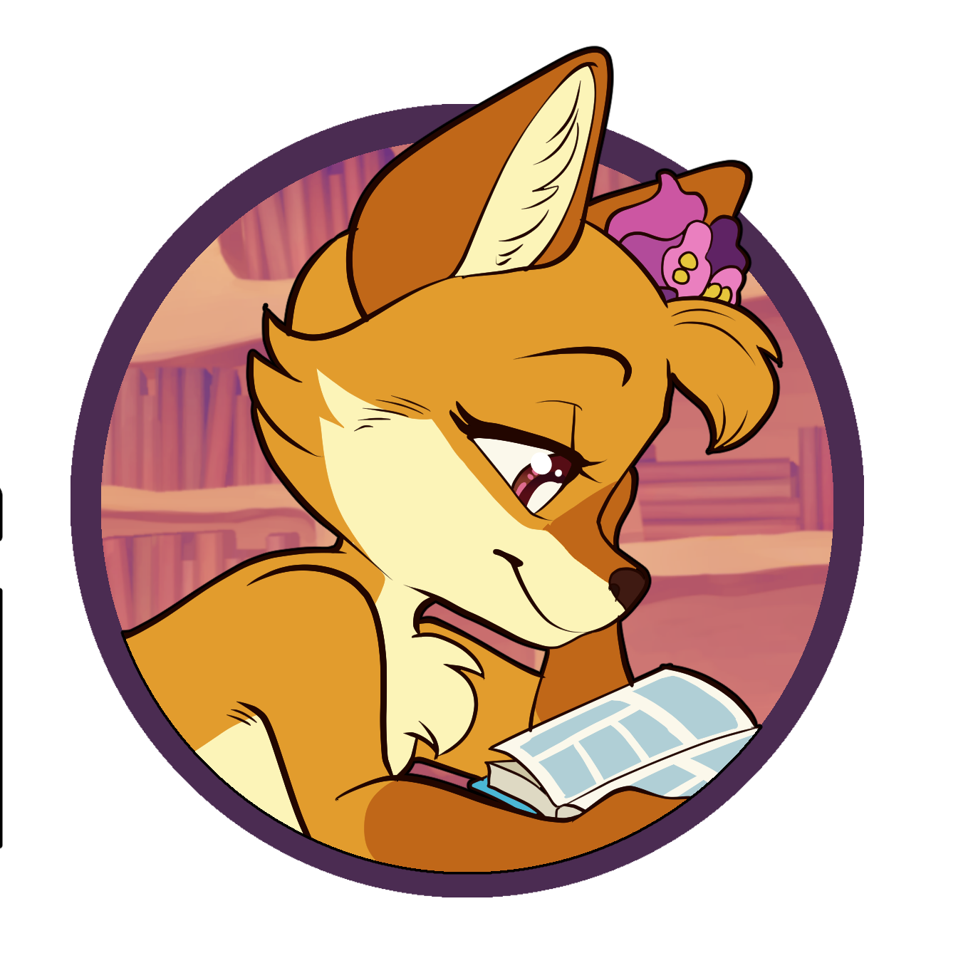 A circular icon that shows an orange and cream colored fox character with foxglove flowers on her head, serenely reading a comic book. The background is bookshelves depicted in soft pink hues.