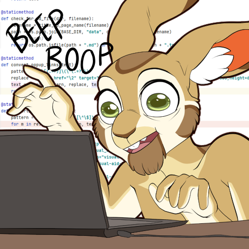 Illustration showing Marco262's fursona, a tan colored hare with facial hair, using a laptop plugging away at code and looking haunted by his life choices. Python code fills the background.
