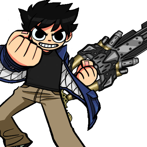 Illustration showing SuperDS64's persona, a Scott Pilgrim style character with black hair wearing a black shirt, tan pants, and a blue jacket. He is holding a keyblade in a determined pose.