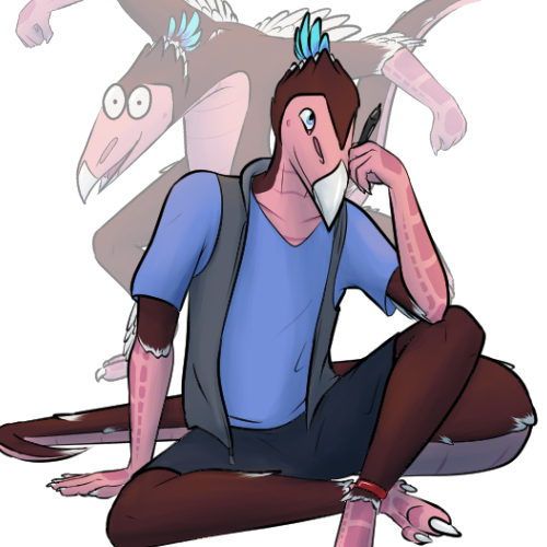 Shows T.Applesmith, a Fetroscale (by @hr_bananabird): a turkey vulture with brown feathers, lizard tail, pink scales, & crest of lite blue feathers. They are sitting & holding a tablet pen. Behind is a transparent version of them doing a silly dance.