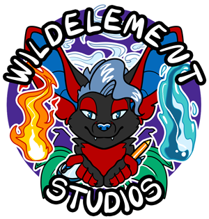 Combination logo and icon, with Temrin's fursona which is a black, red, and blue coloured hybrid of canine, feline, and dragon (but looks a lot like a bat), surrounded by elements of fire, water, and wind. Overlaid is the text, "WildElement Studios".