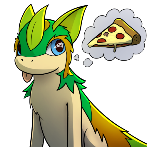 Illustration showing YotaXP's fursona, a green, brown, and cream colored leaf-type variation of the Pokémon Quilava, thinking about pizza with his tongue sticking out.