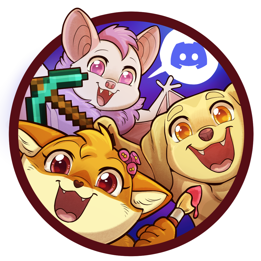 A circular icon with an orange fox with foxglove flowers on her head holding a paintbrush, a tan dog holding a minecraft pickaxe, & a light purple bat character with a speech balloon of the Discord logo. They are greeting you with welcoming smiles.