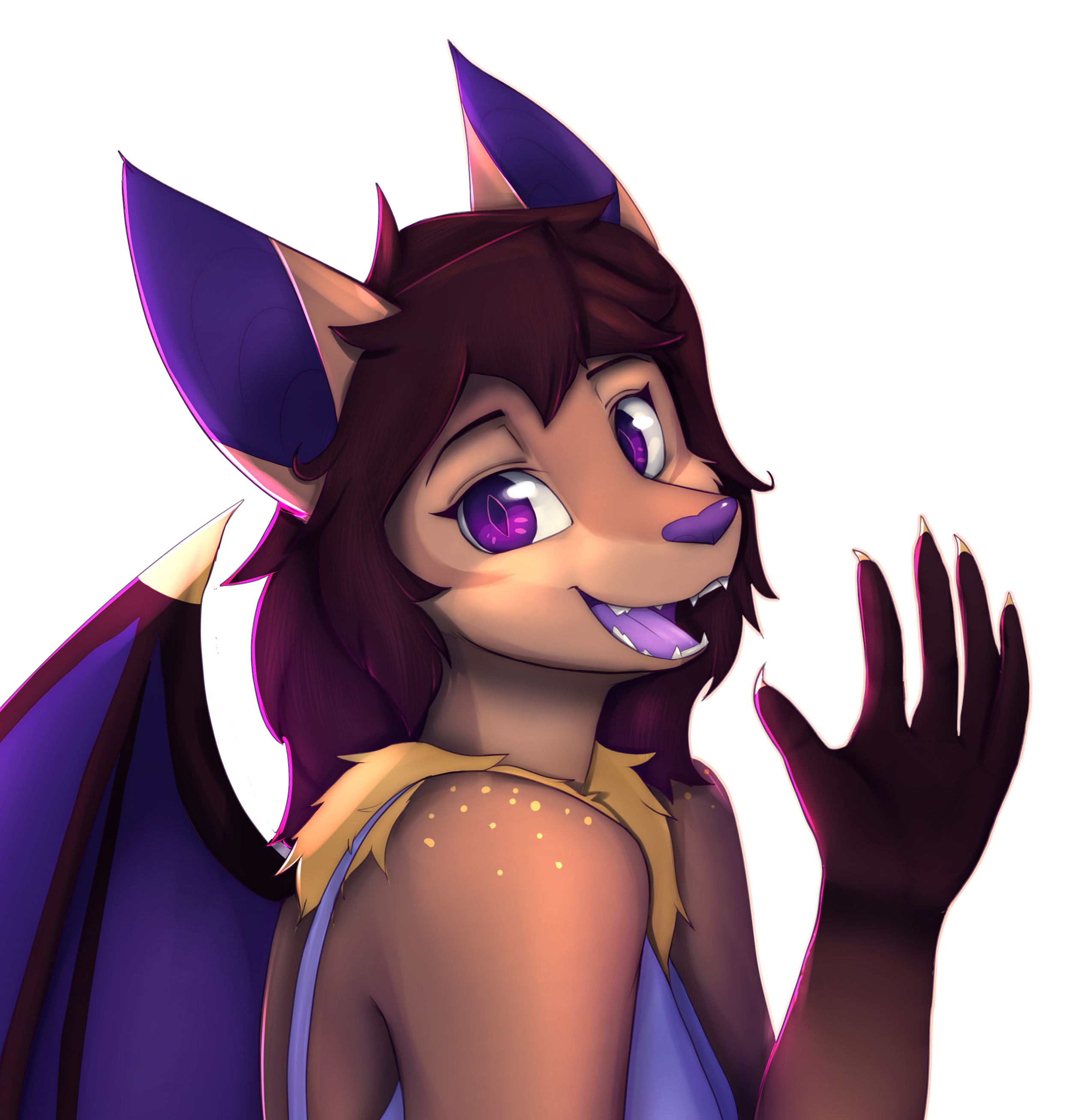 Illustration showing Sticklordy's fursona, a tan colored bat with purple skin, adjusting a stage light above her head.
