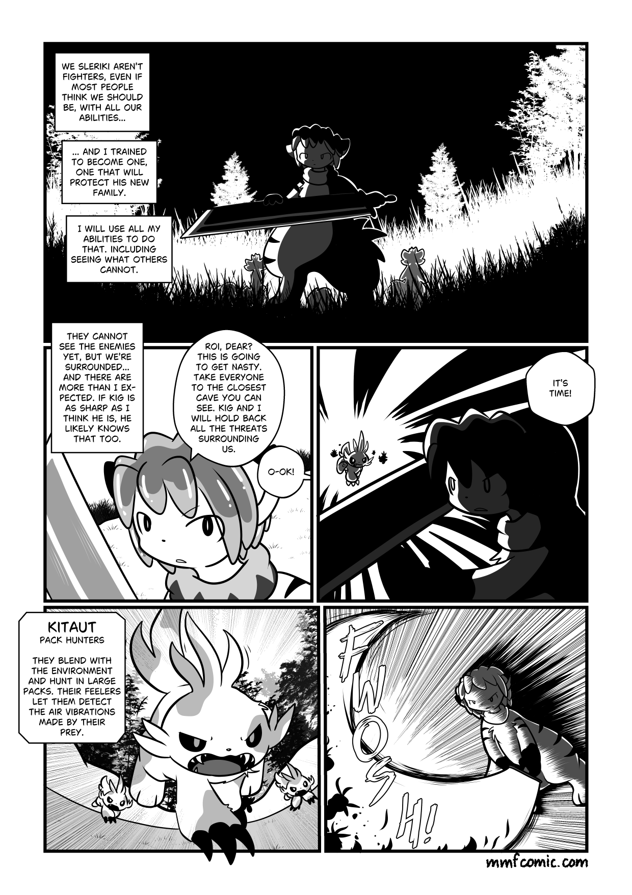 Comic page in black and white where a Sleriki (alien species) is fighting a group of wild rabbit-like creatures who are jumping to him. He uses his enormous greatsword to annihilate most of them in one powerful swing.

