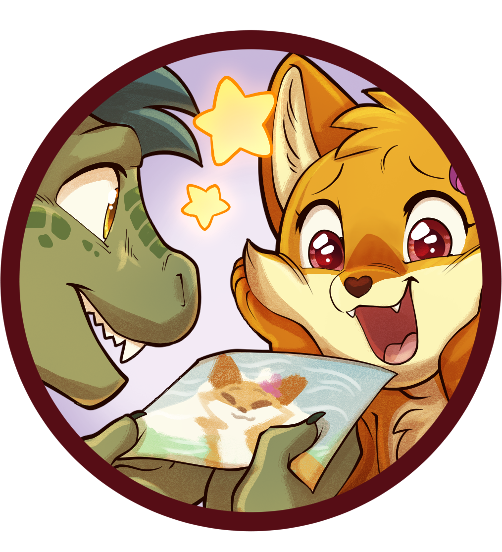 A circular icon showing an orange and cream fox character, looking delighted to receive fanart from a green coloured reptilian holding out an illustration to her. There are yellow star icons between them. Background is light purple to white gradient.