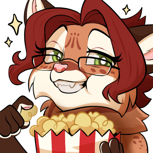 Illustration showing Caytlin's fursona, a cat-fox with various brown, orange, and cream colors and dark red hair wearing glasses, eating popcorn from a bucket and looking smug. There are sparkles around her.