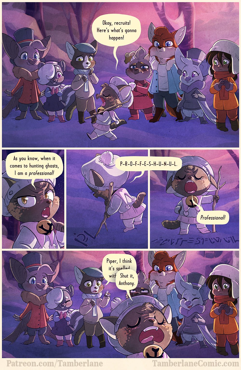 Comic page depicting a group of animal kids lined up at attention with a tortoiseshell kitten marching back and forth in front of them. She's declares she is a ghost hunting professional, writing it in the snow for emphasis and misspelling it.

