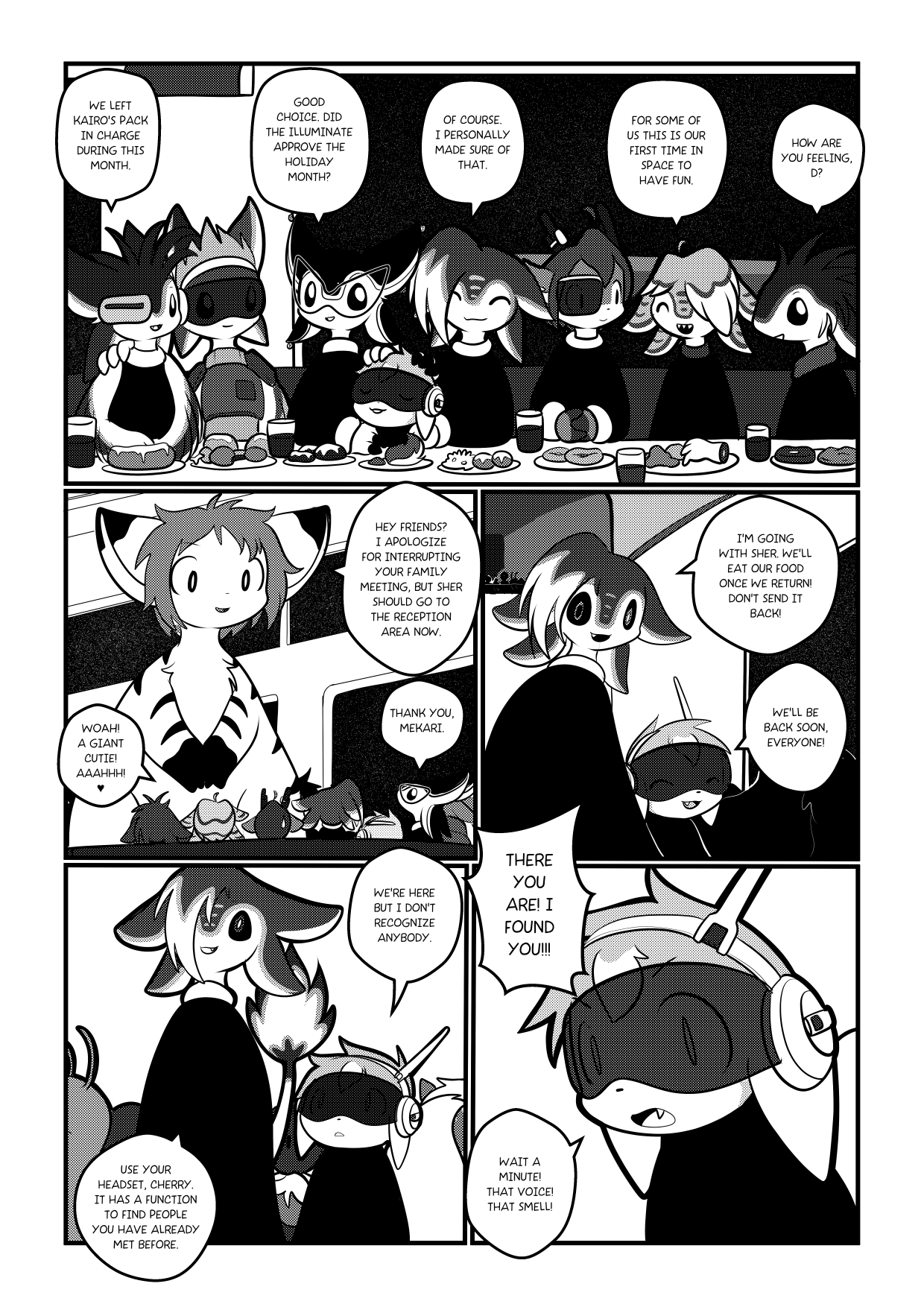 Comic page in black and white where an alien family is having lunch at a space station, and two characters get up to go get another one who is arriving.
