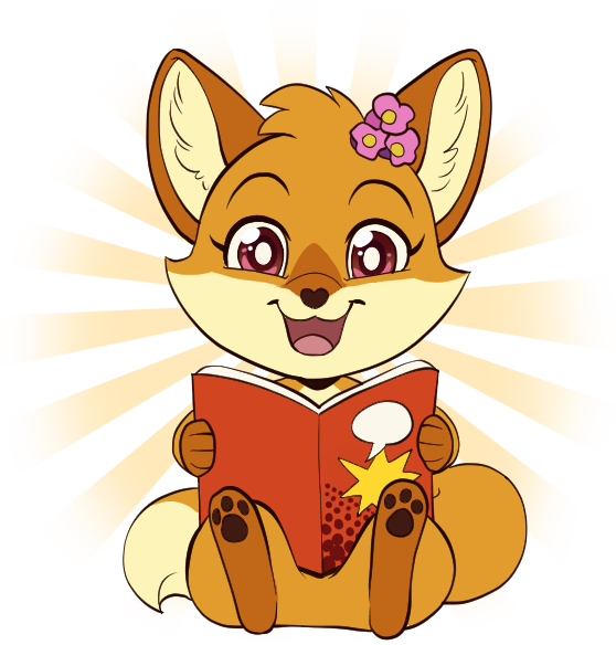 Illustration that shows an orange fox character with foxglove flowers on her head sitting, reading a red comic book with a speech balloon and impact effect on the cover.  She is directly facing the viewer. Rays of light shine softly from behind her.