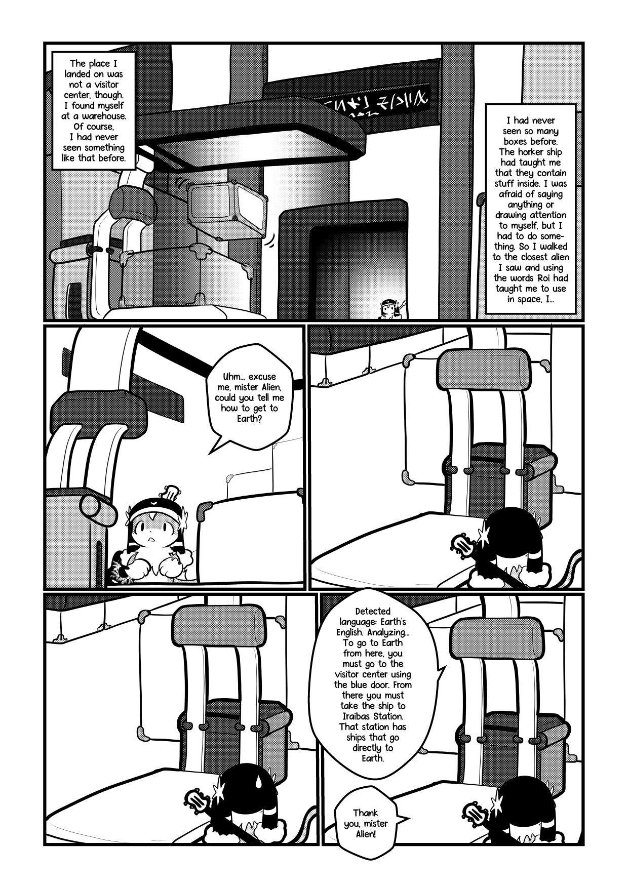 Comic page in black and white where a Vampire Bunny alien enters a warehouse and sheepishly asks one of the forklifts for directions. After a pause, the forklift answers in kind.
