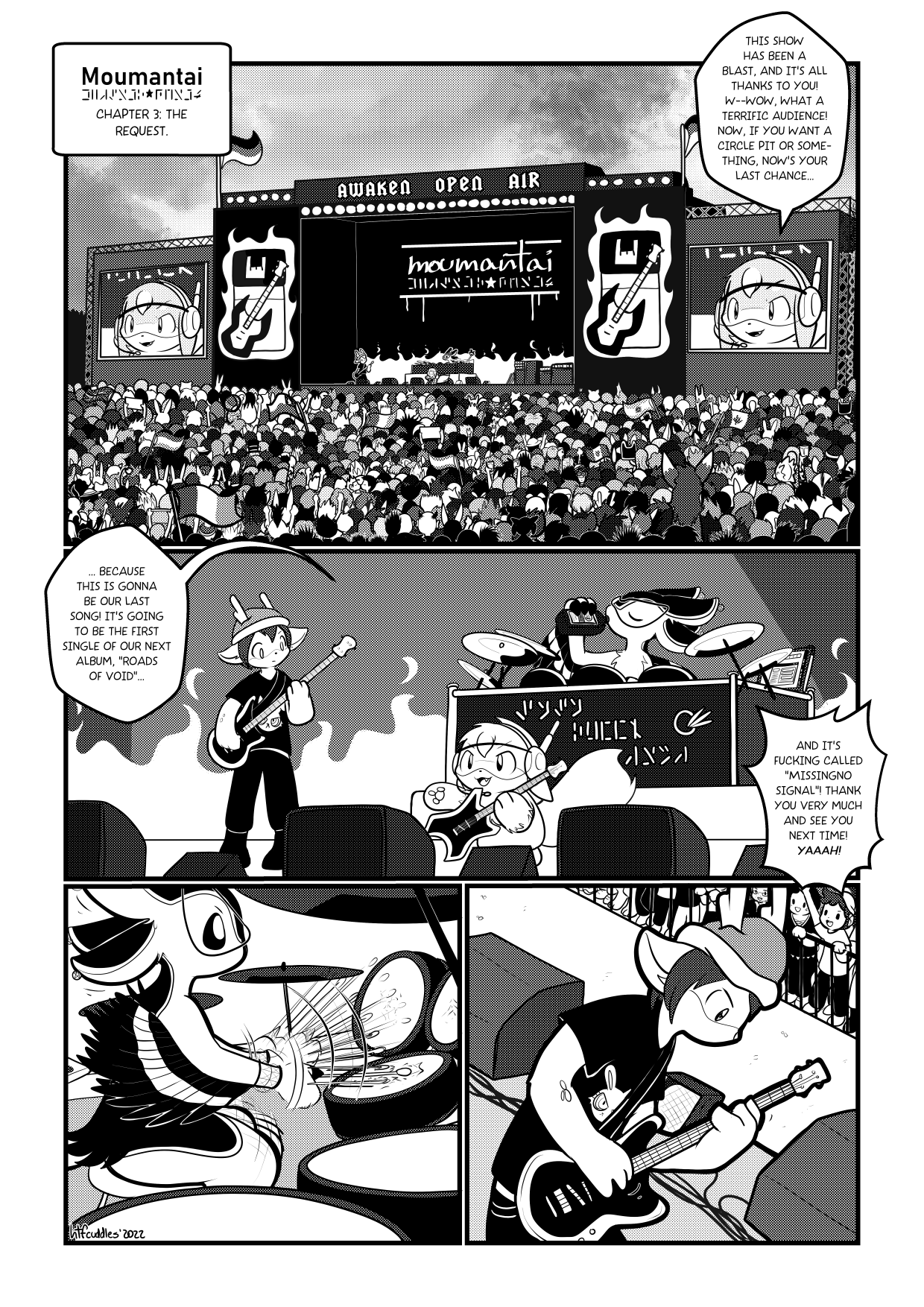 Comic page in black and white where an alien band is playing live at a very large show.