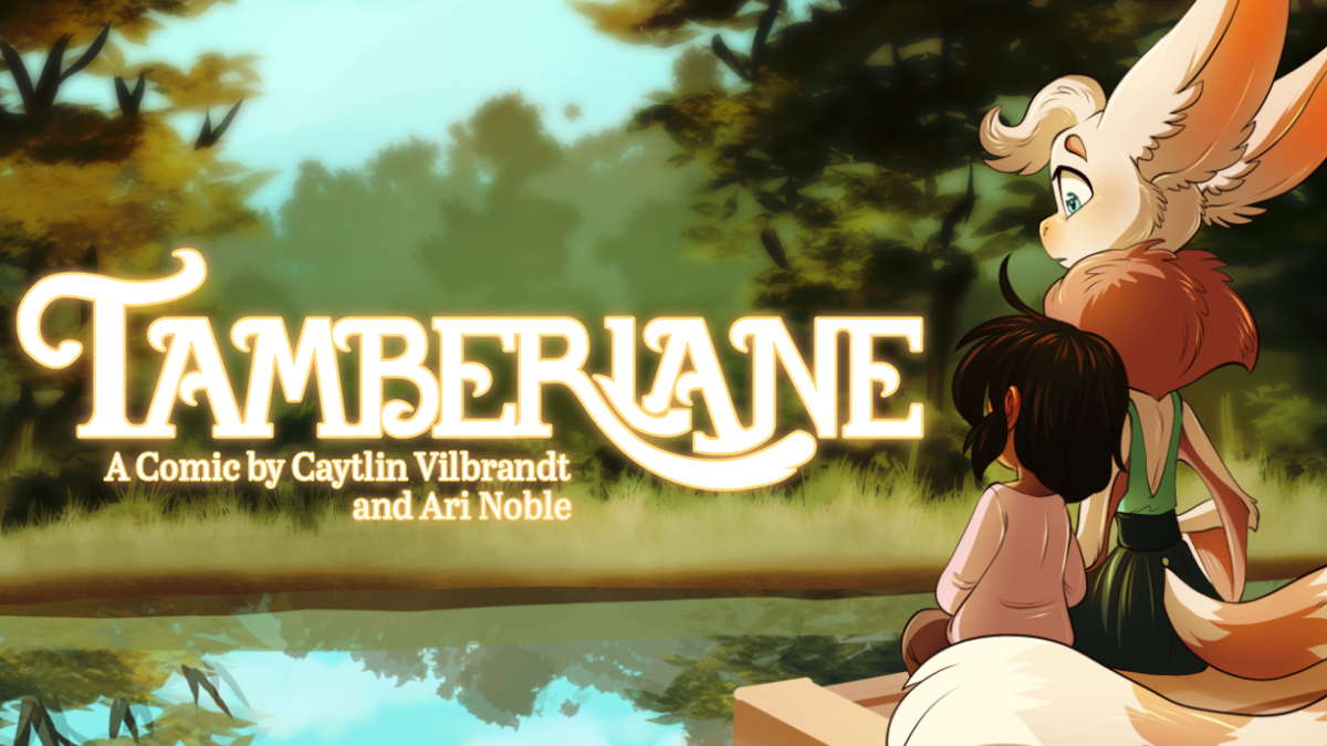 Shows a small human child with brown hair, next to a pink bat looking down at the child, sitting on the end of a pier overlooking a forested lake. Overlay reads "Tamberlane. A Comic by Caytlin Vilbrandt and Ari Noble"