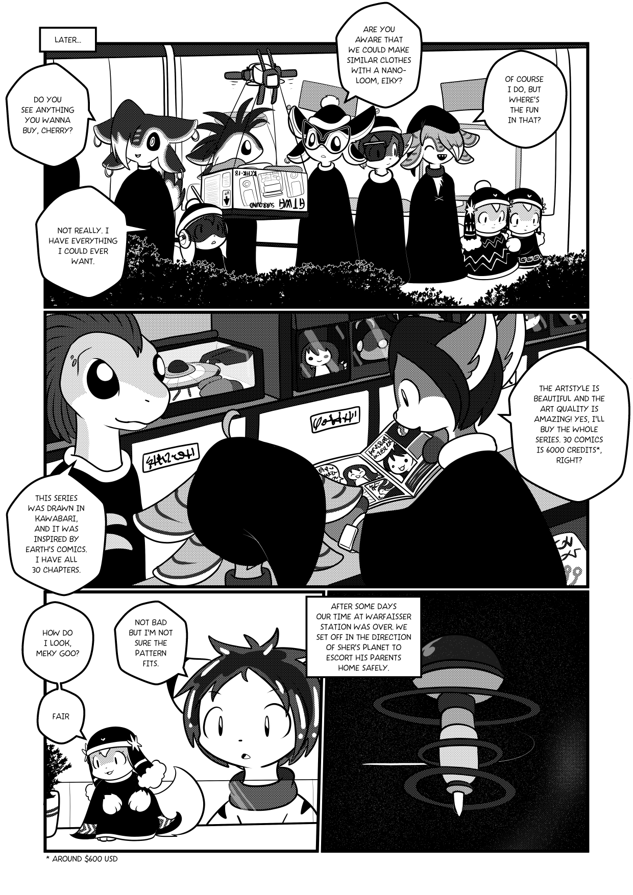 Comic page in black and white where a family of aliens is walking by a space station's store district. Two of them buy a full set of comics, and another is sporting new clothes and asking for feedback.
