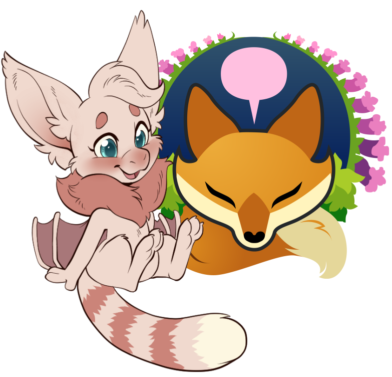 An orange and cream coloured fox head with a fluffy tail. On each side is a Foxglove plant  In front of the logo on the left side is a light coloured white & pink fluffy bat, sitting next to the logo with tail floating under them, smiling brightly.