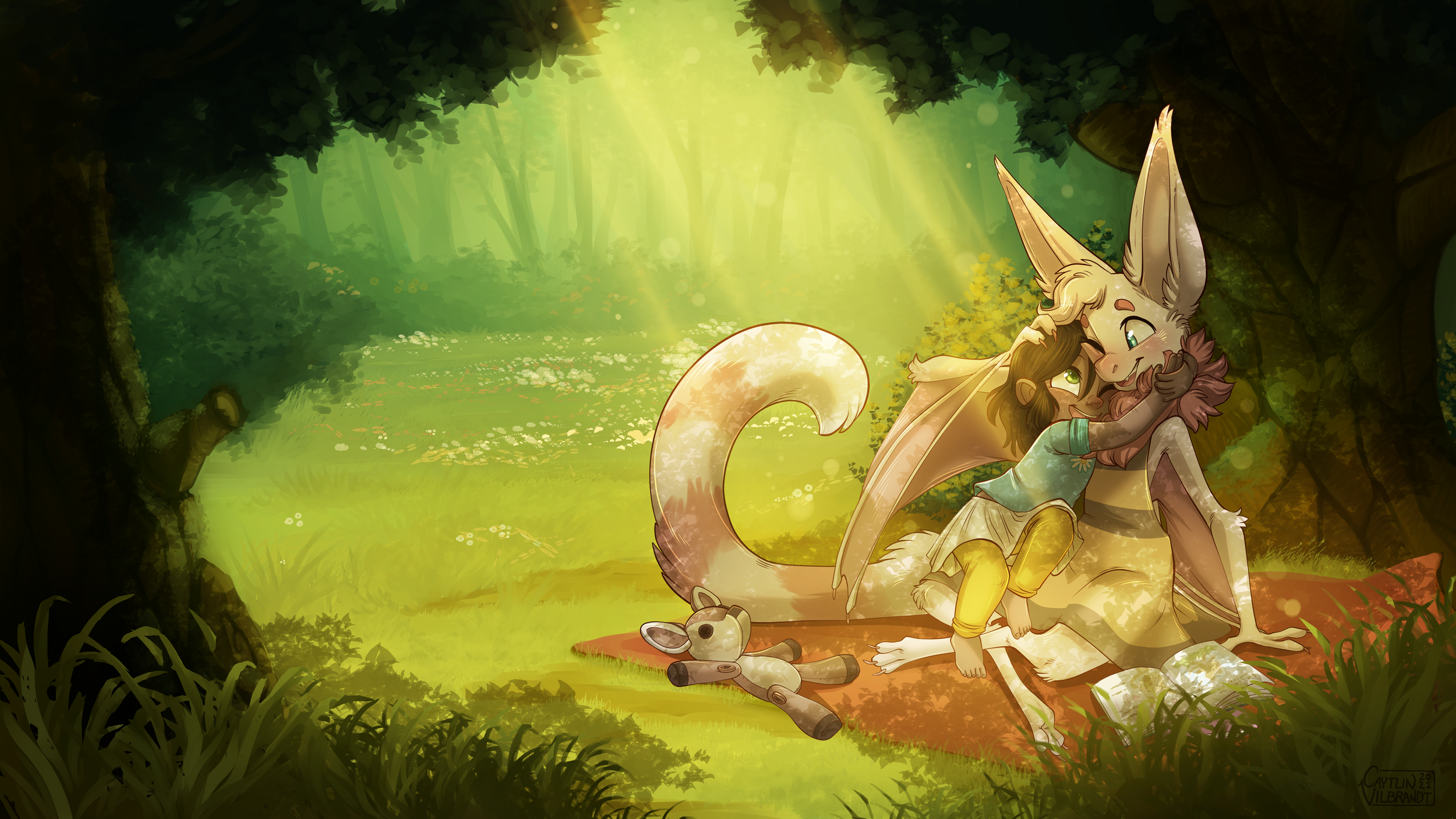 Illustration that shows a light pink bat character in a yellow dress on a picnic blanket in a sunny forest meadow. She's being embraced around her fluffy neck mane by a young human child. Both characters are happy in this idyllic scene.