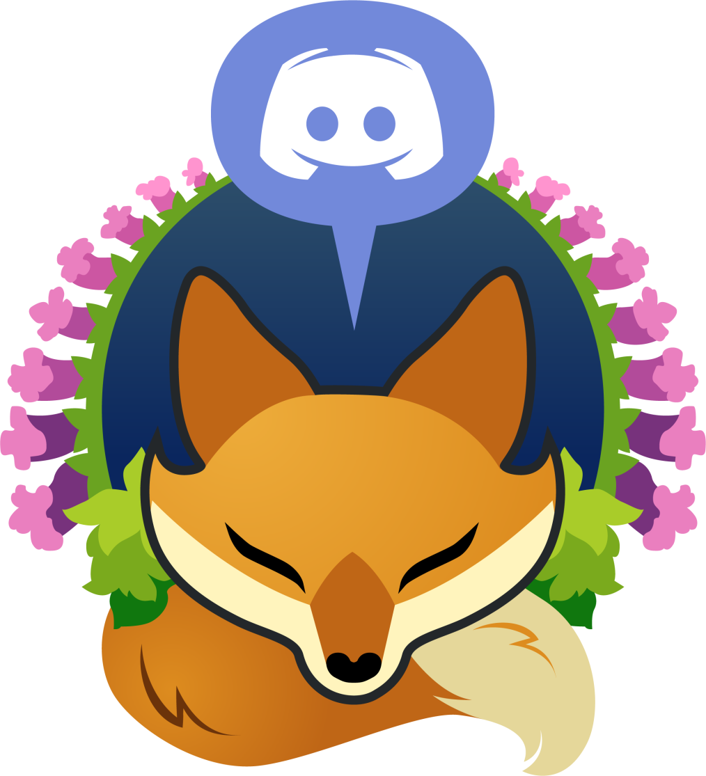 Logo of an orange and cream colored fox head with a fluffy tail. On each side is a Foxglove plant, leaves at the base, pink and purple bell flowers. A light blue speech balloon with the Discord logo is in the space above the fox's head.