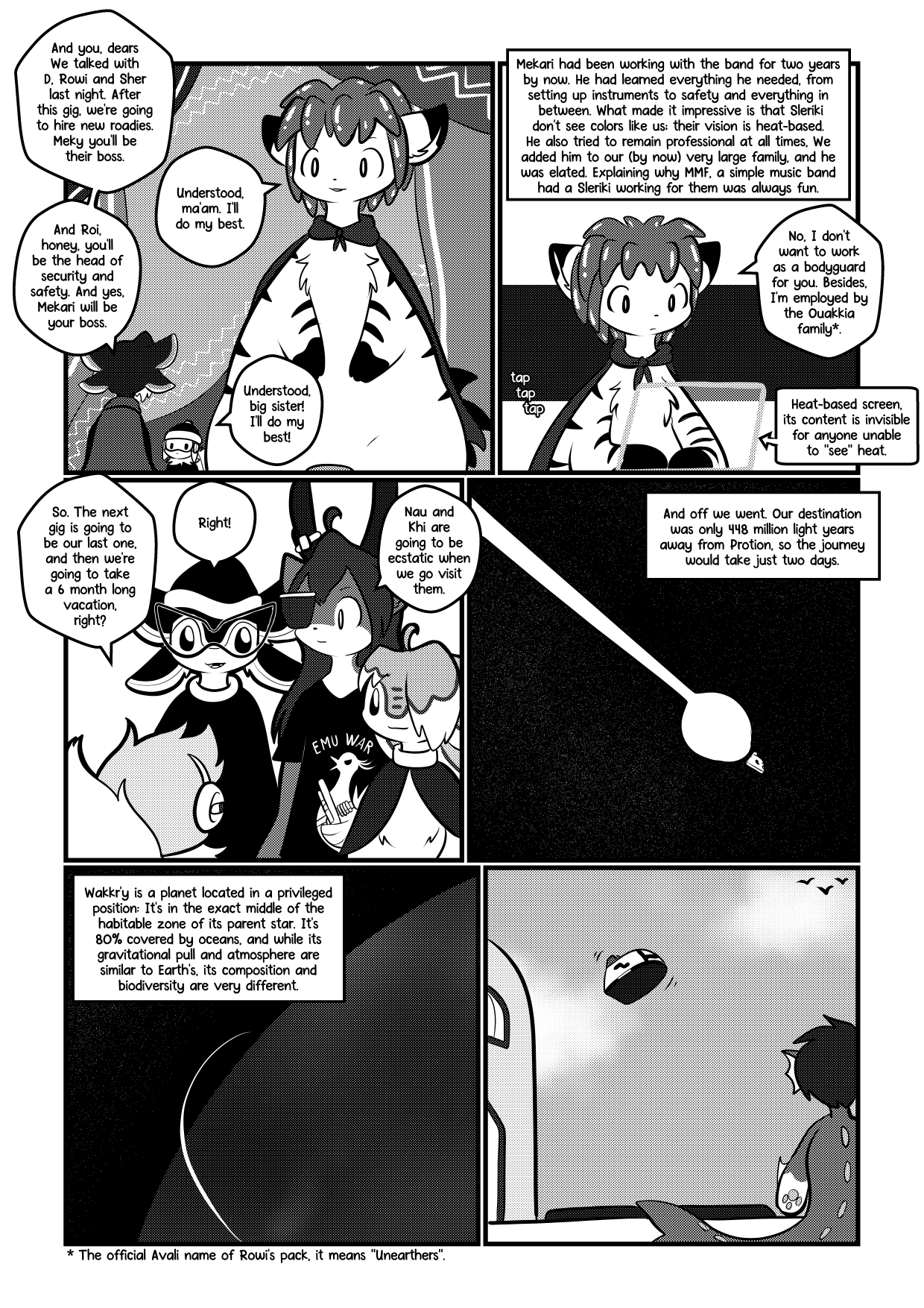 Comic page in black and white where after an alien monster replies to someone via e-mail that he isn't looking for a new job, the group travels to a sea planet.
