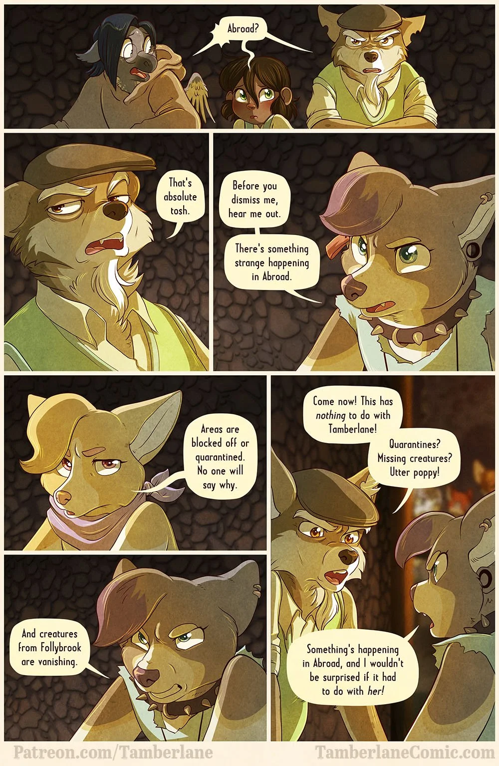 Comic page set in a dark tavern where a grumpy old coyote speaks with two corgis: one punk, one softer. They're discussing the strange happenings in a place called Abroad, wondering if it has to do with the human child who's present.
