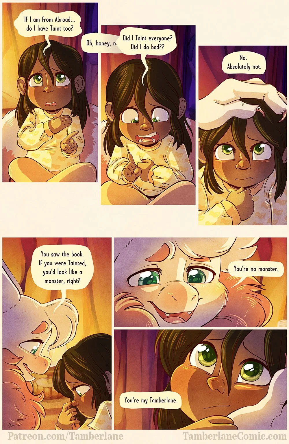 Comic page depicting a human toddler starting to panic as she wonders if she's Tainted everyone, and if she's a monster. A soft pink bat pats her on the head and tells her she's not a monster, she's her Tamberlane.
