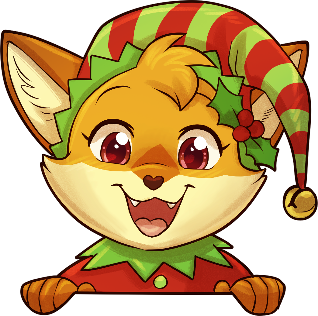 Orange and cream coloured fox character headshot, with hands peaking up over an invisible surface, looking at you with a big smile while wearing a green and red santa-elf costume.