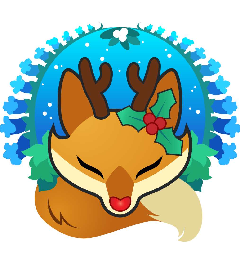Logo of an orange and cream colored fox head with a fluffy tail. On each side is a Foxglove plant, leaves at the base, blue bell flowers. Mistletoe is above the fox. The fox has antlers, a bright red nose, and a sprig of holly over their left ear.