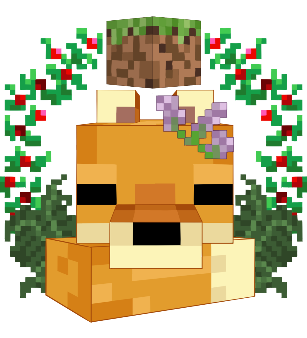 Logo in Minecraft style showing an orange and cream fox head with closed eyes, wearing foxglove flower; tail placed under chin. Framing each side of the fox is a laurel of sweet berry bush. The signature Minecraft grass block is above the fox's head.