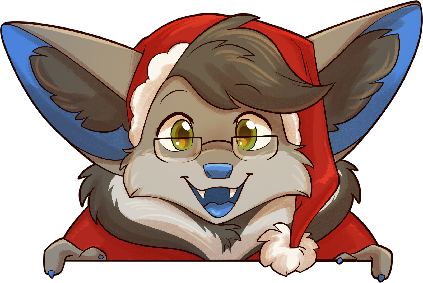Grey and blue fluffy bat character with blue nose, wearing glasses and smiling at you while wearing a red and white santa outfit, including long hat with white trim and fluff ball on the end.