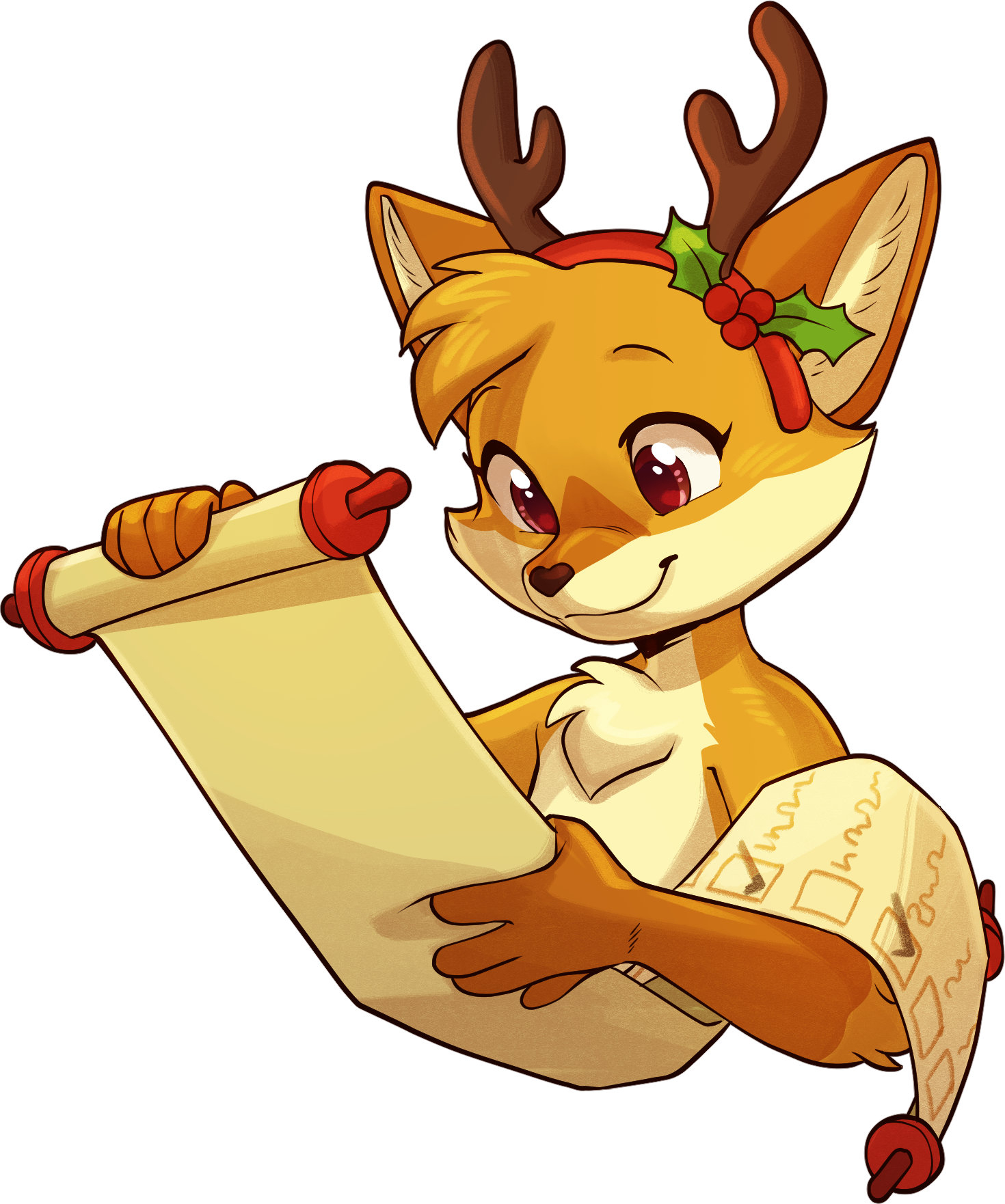 Orange and cream coloured fox character wearing an antler headband with holly on the side, as she holds up and looks at a long scroll wishlist.