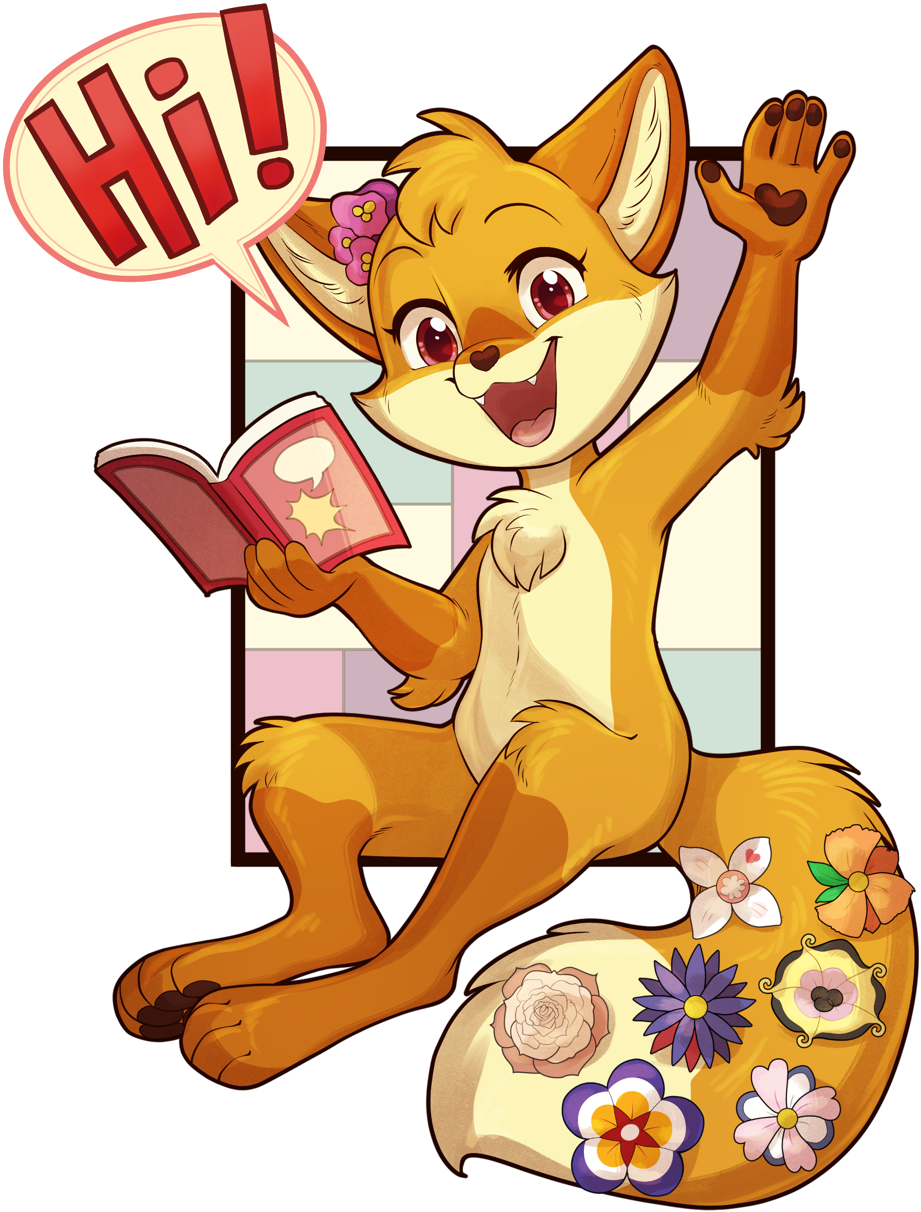 Illustration of an orange fox with foxglove flowers on her head and many fictional flowers on her tail sitting and reading a comic book. She waves to the viewer joyfully. A speech balloon says "Hi!" Behind her is a simple depiction of comic panels.