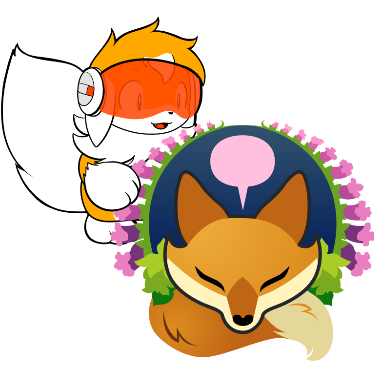 An orange and cream coloured fox head with a fluffy tail. On each side is a Foxglove plant  On the top left of the logo, a white and orange vampire bunny, is standing behind the logo and looking at it with a wide eyed smile, a fluffy tail is behind.