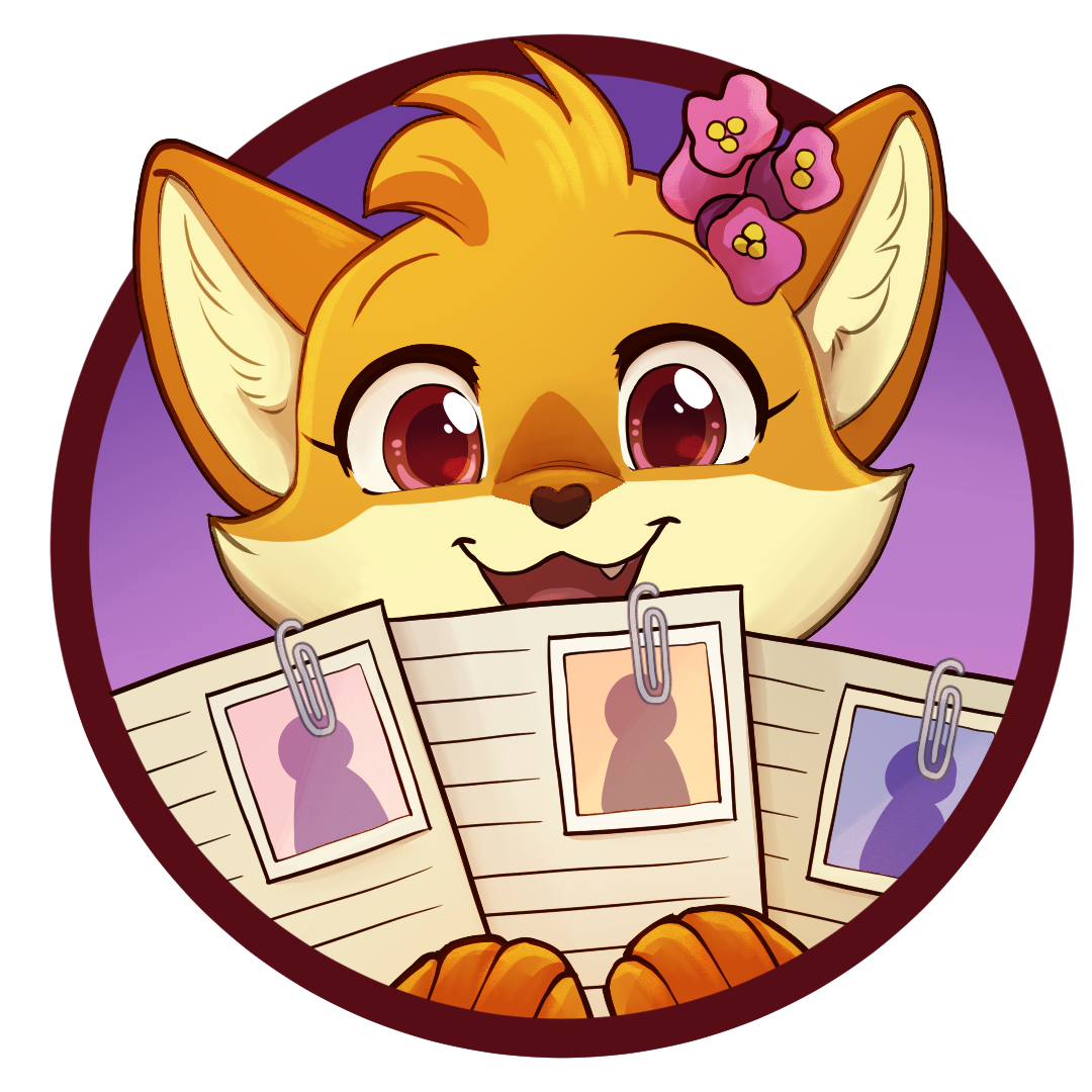 A circular icon that shows an orange and cream colored fox character with foxglove flowers on her head, looking at the viewer and showing paper copies of people's profiles to them. The background is a deep purple gradient.