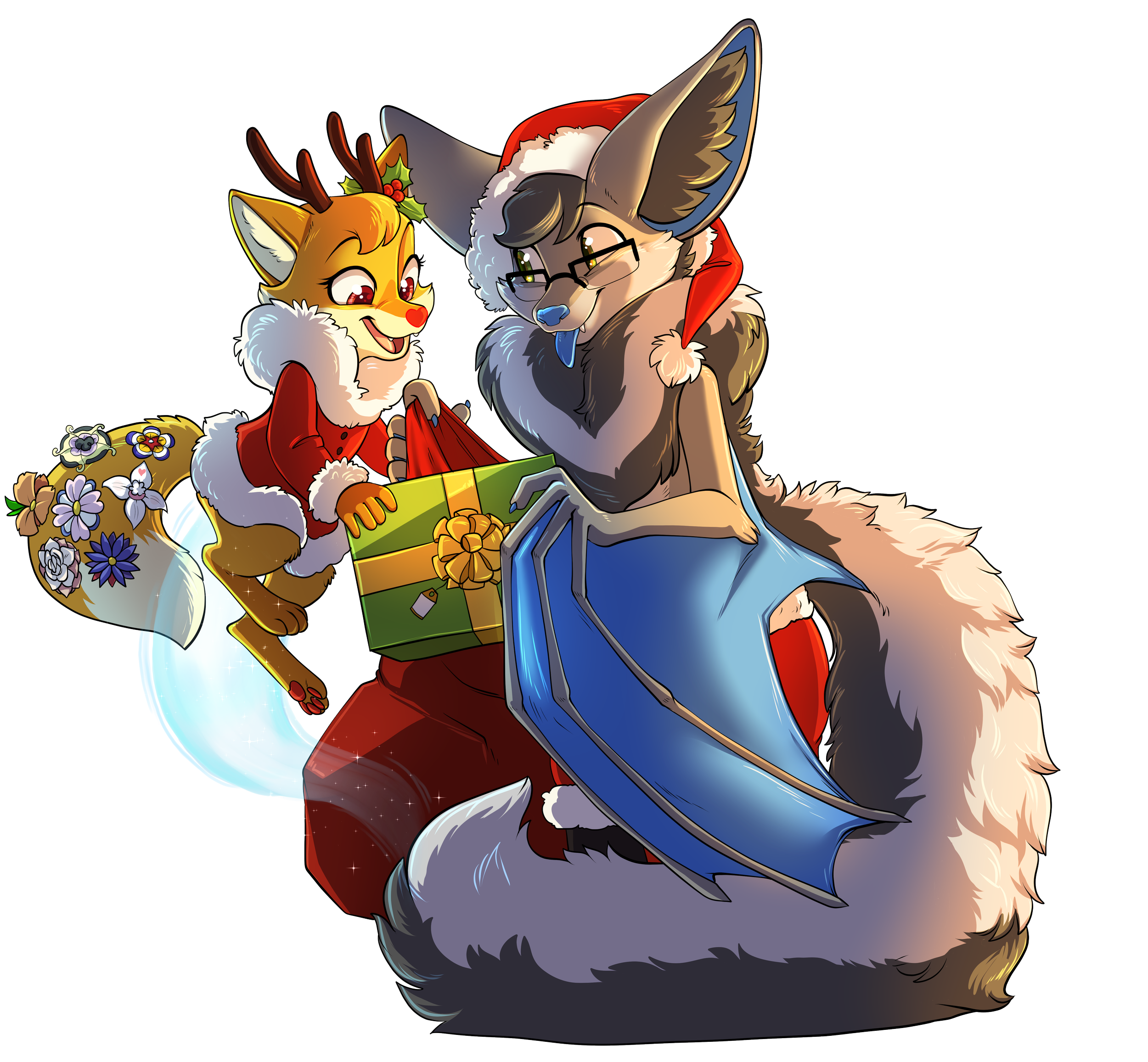 Illustration of an orange & cream fox with holly on head and multiple fictional flowers in her tail. Helping a grey bat with big tail remove presents from a sac. They are both dressed in traditional Christmas garb, the fox has antlers & a red nose.