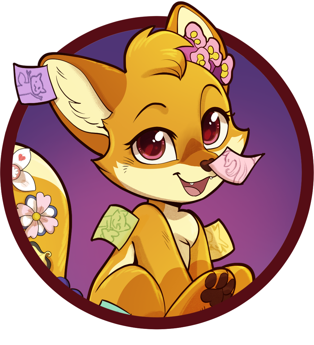 A circular icon that shows an orange and cream colored chibi fox character with foxglove flowers on her head, covered in sticky notes with doodles on them. The background is a dark purple gradient.