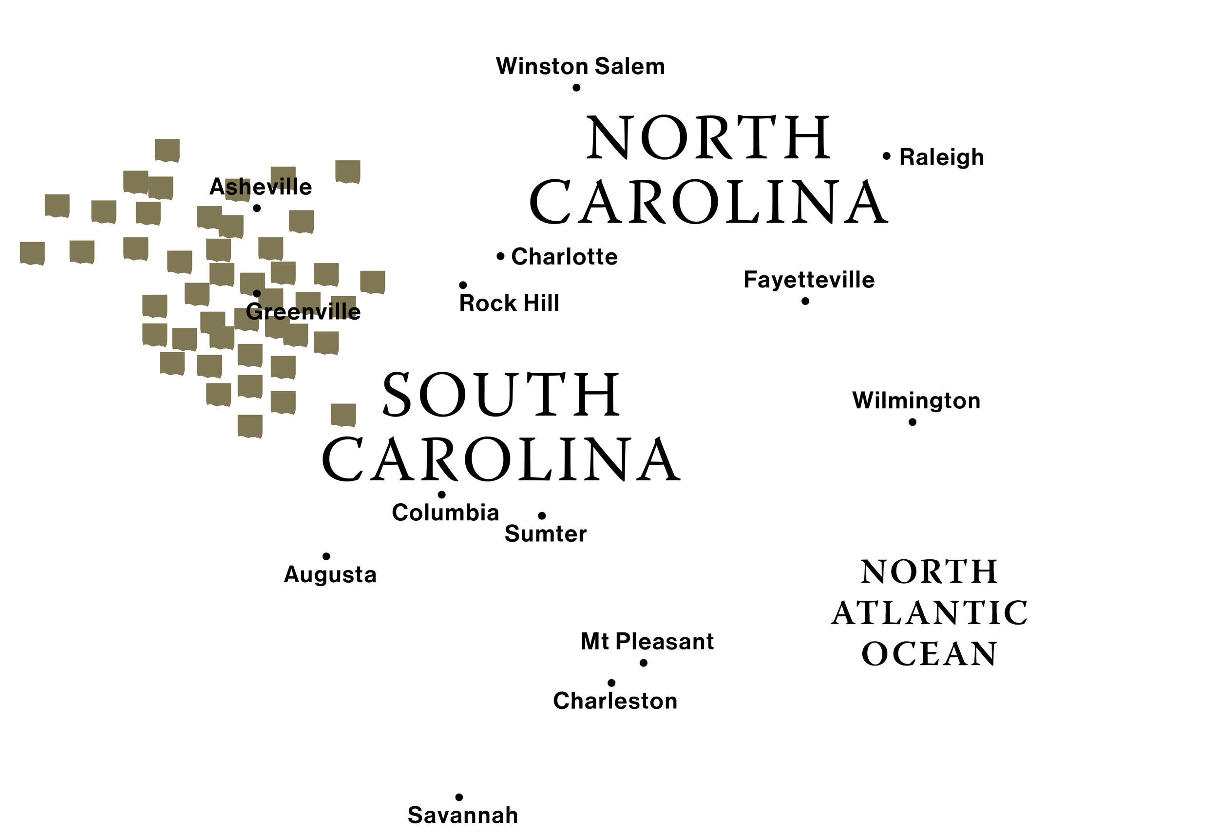 Map of Carolina Foothills Upstate SC and Western NC - area where Upland Homes renovates and builds